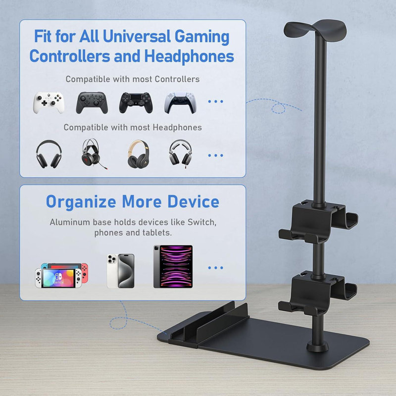 Headset Stand Controller Holder For 1 Headset And 4 Controller, Headphone Game Controller Stand For Desk, Gamer Gifts, Black