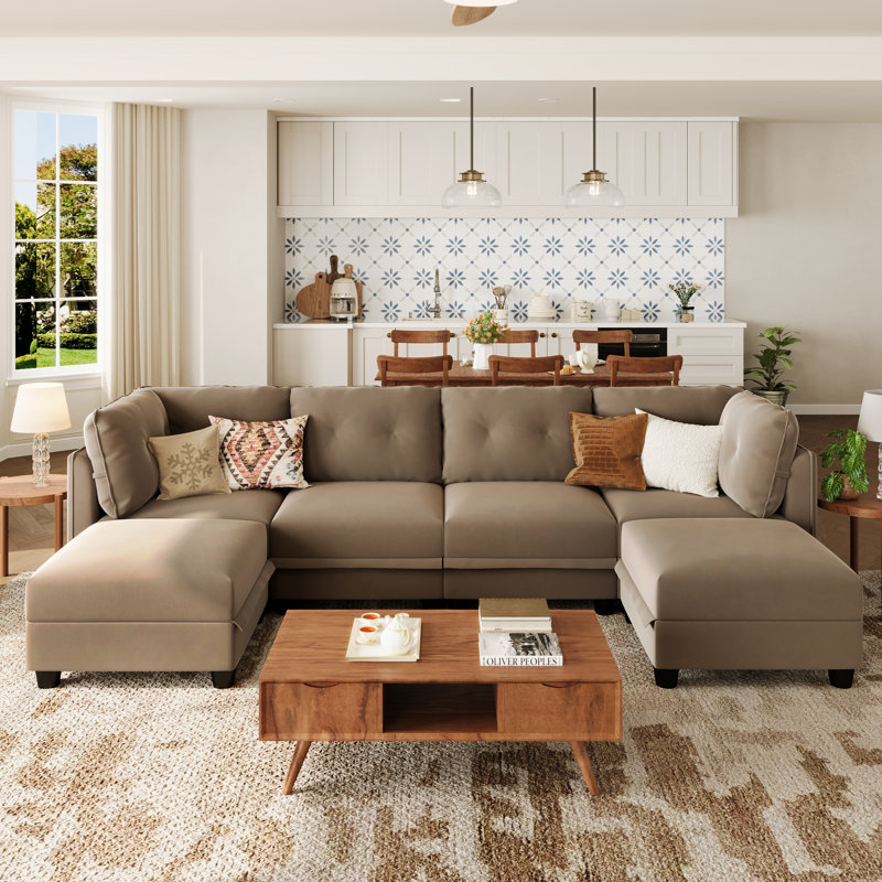 Zendejas 6 - Piece Modular U-Shape Sectional Sofa with Ottoman, Camel Velvet