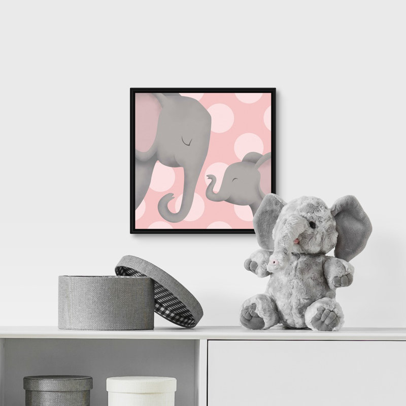 «Elephant Mommy and Baby on Pink», impression, Cadre pour toile flottant noir, H 12 po x l 12 po x P 1,75 po