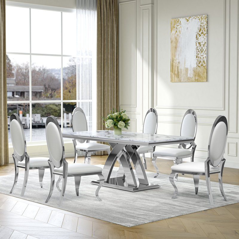 Ensemble de salle à manger Modern Modern, Argent argent, Blanc / argenté
