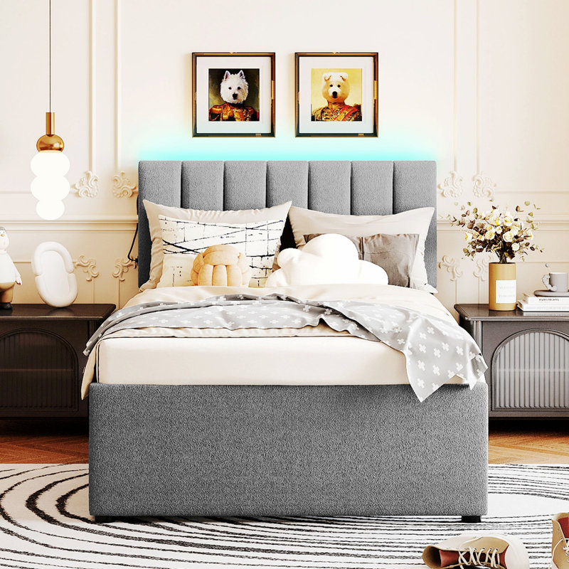 Lit plateforme tapissier avec lit gigogne, Gris