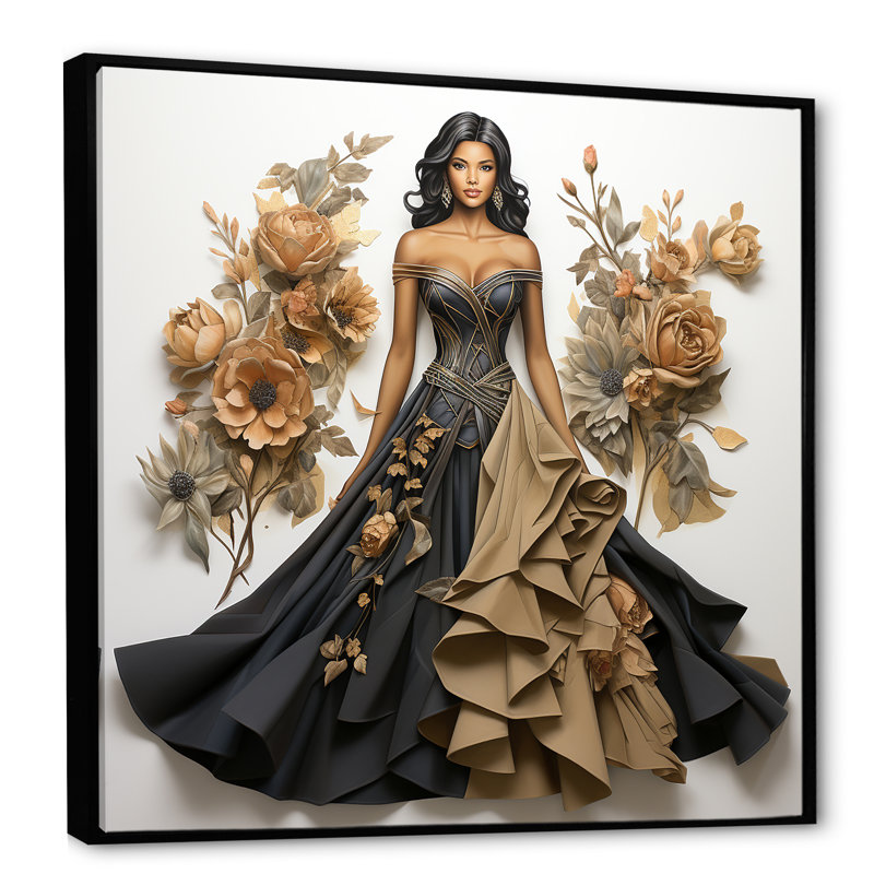 Haute Couture Elegance I - mode, art mural, Cadre flottant noir, H 16 po x l 16 po x P 1 po
