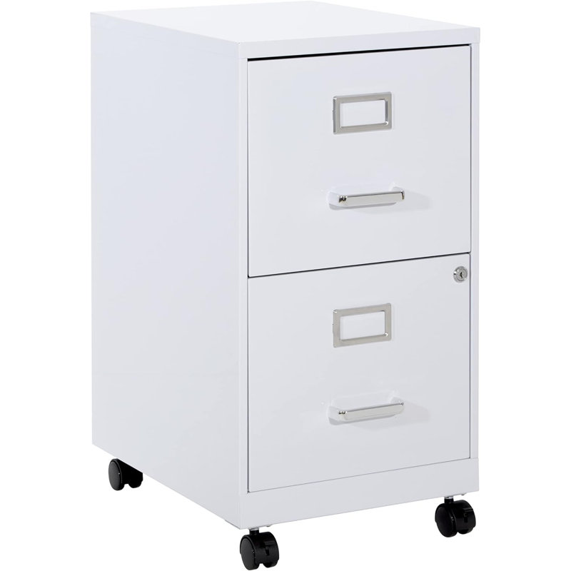 Locking Metal File Cabinet With Mobile Casters For Office Organization And Document Security, White