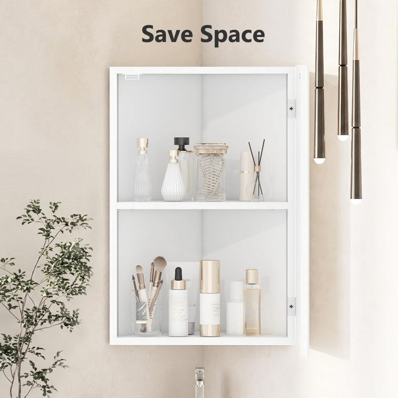 Corner Wall Mounted Bathroom Cabinet with Mirror&LED Light,40x29x60cm, 2 Shelves Single Door Bathroom Mirror Cabinet,Bathroom Storage Unit, Wooden Storage Cupboard for Toilet,Living Room,White