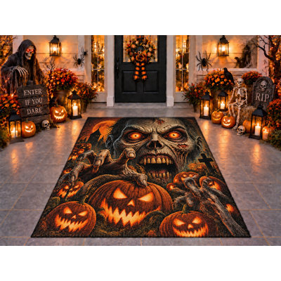 Tapis d'extérieur 5 pi x 7 pi avec citrouille d'Halloween visage de zombies, tapis en PVC solide et imperméable, tapis de patio robuste, tapis d'extérieur à séchage rapide pour porche d'entrée de balcon