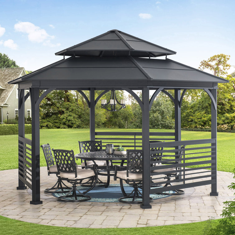 Pavillon de jardin à toit rigide de 13 pi x 15 pi Sunjoy, pavillon de jardin extérieur hexagonal Macomb, pavillon de jardin hexagonal en métal à deux niveaux avec clôture décorative, rails doubles et crochet de plafond pour patio, jardin et abri de 