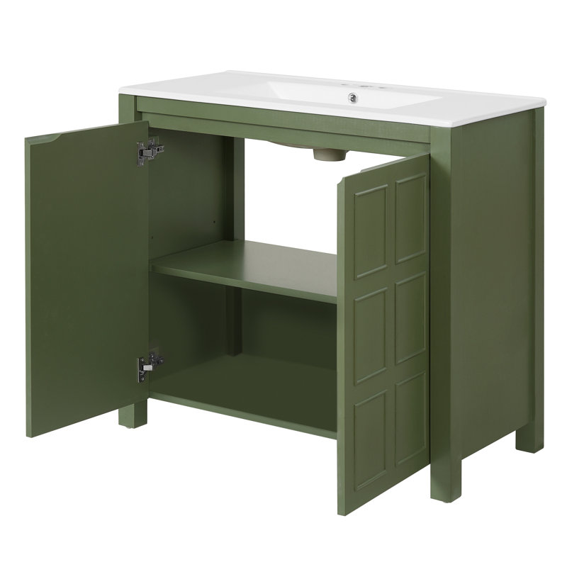 Meuble-lavabo 36 po avec lavabo en céramique, armoire de rangement vert olive