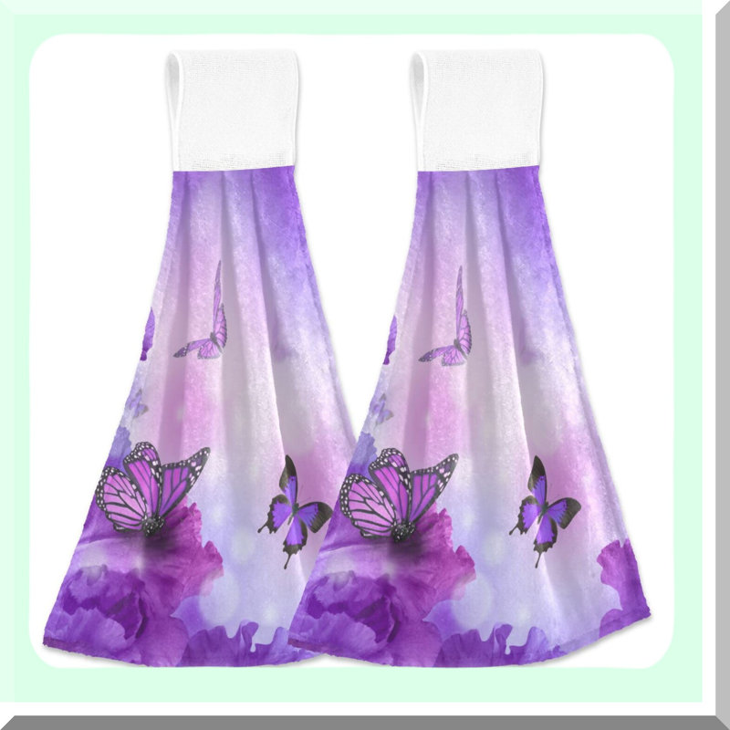 Purple Butterfly Absorbent Hanging Towels - Set of 2, 14x18.2 inch, Perfect for Kitchen, Bathroom, and Home Decor