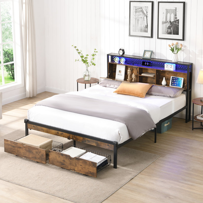 Lit plateforme en métal avec tête de lit en bois, 2 tiroirs, charge, lumières à DEL, sans sommier, fonction d'assemblage simple, tête de lit de 600 lb maximum, installation rapide, restrictions