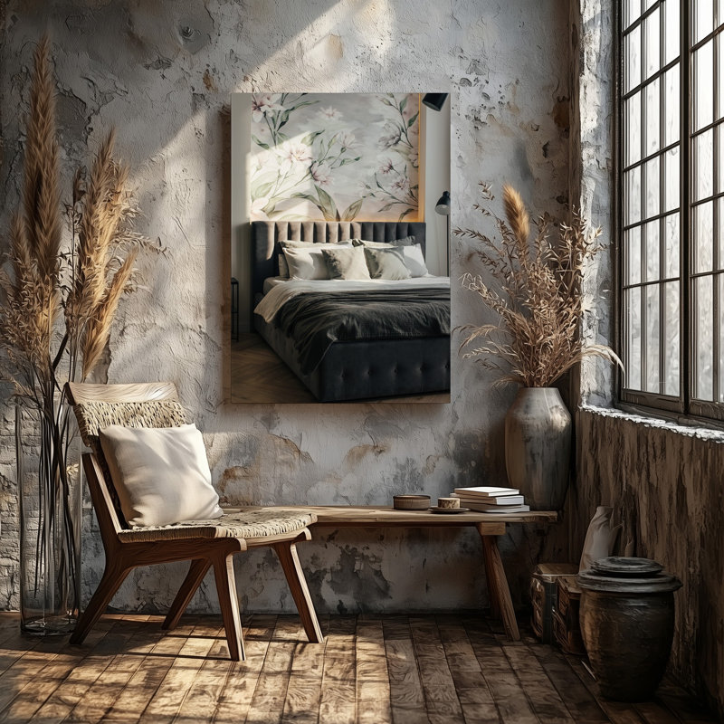 Toile une chambre à coucher scandinave moderne avec un lit tapissier gris foncé moelleux avec un ensemble d'art mural sur toile soigneusement organisé