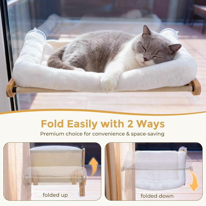Perchoir de fenêtre pliable pour chat, lit pour chat doux avec structure en bois, L 26 po | Bois massif, ventouse robuste, grand hamac pour chat d'intérieur