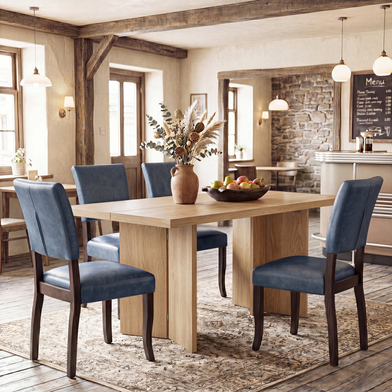 Amiliana Wooden Rectangular Dining Table With Upholstered Kitchen Chairs, Wood Legs Dining Room Set, Light Brown, Dark Blue