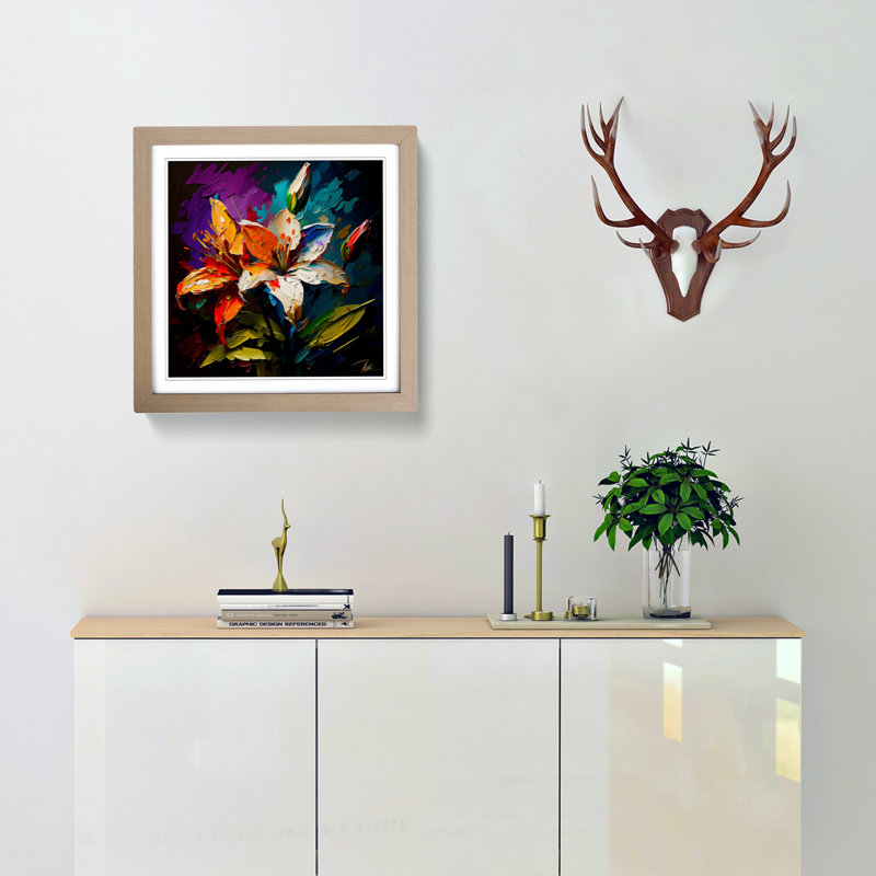 Lily Flower Palette Knife - Single Picture Frame Print on Wood, Oak