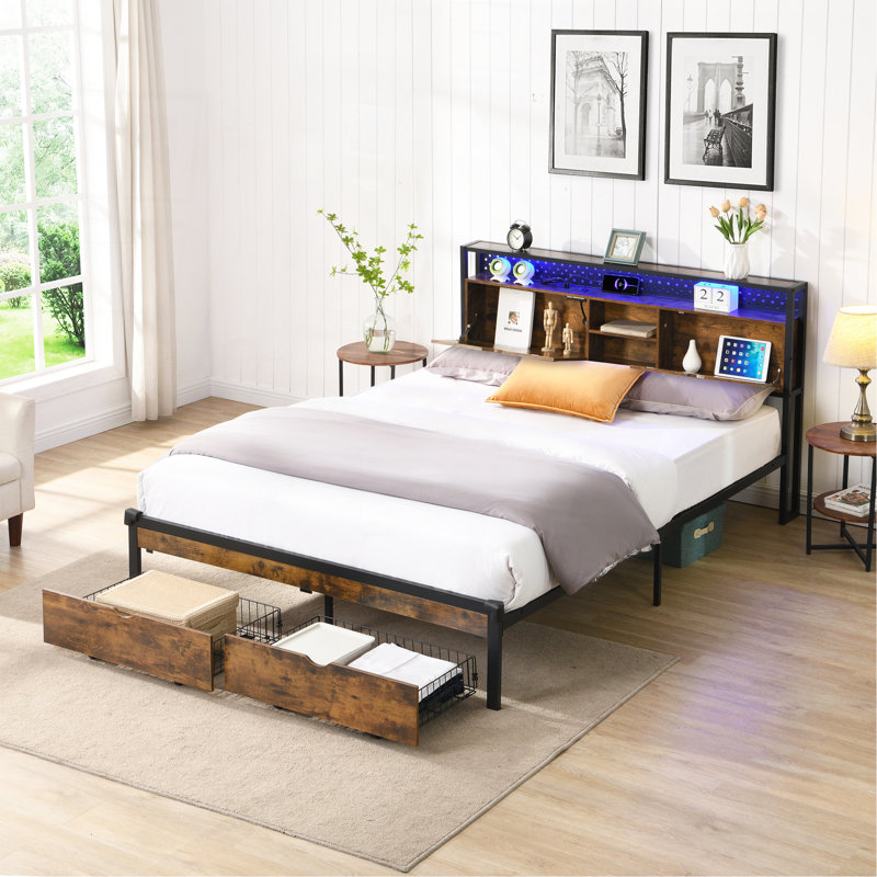 Base de lit plateforme pleine grandeur en métal avec tête de lit en bois et pied de lit USB, station de charge, 2 tiroirs, rangement, lumières DEL, aucun sommier requis, assemblage facile
