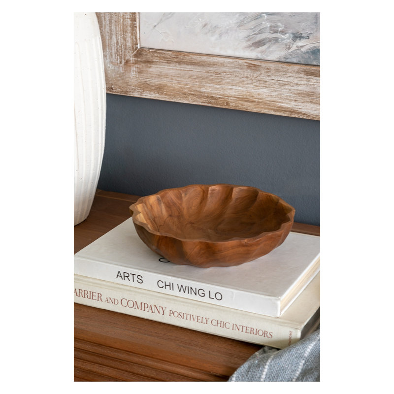 Bol creux en bois de teck fabriqué à la main - centre de table décoratif rond 7,9 po avec finition brun terreux