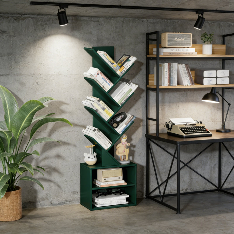 10-Shelf Tree-Design Bookcase, Bookshelf For Tight Spaces, Floor-Standing Storage Organizing Unit For Books, Tall Freestanding Bookcase Forhome Office