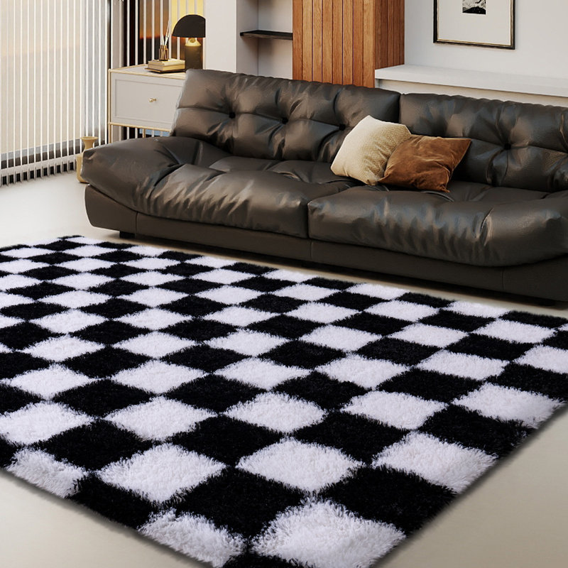 Checkered Series—Soft black-and-white checkered velvet area rugs, slip-resistant and stain-resistant, perfect for nurseries, bedrooms, and children's rooms.