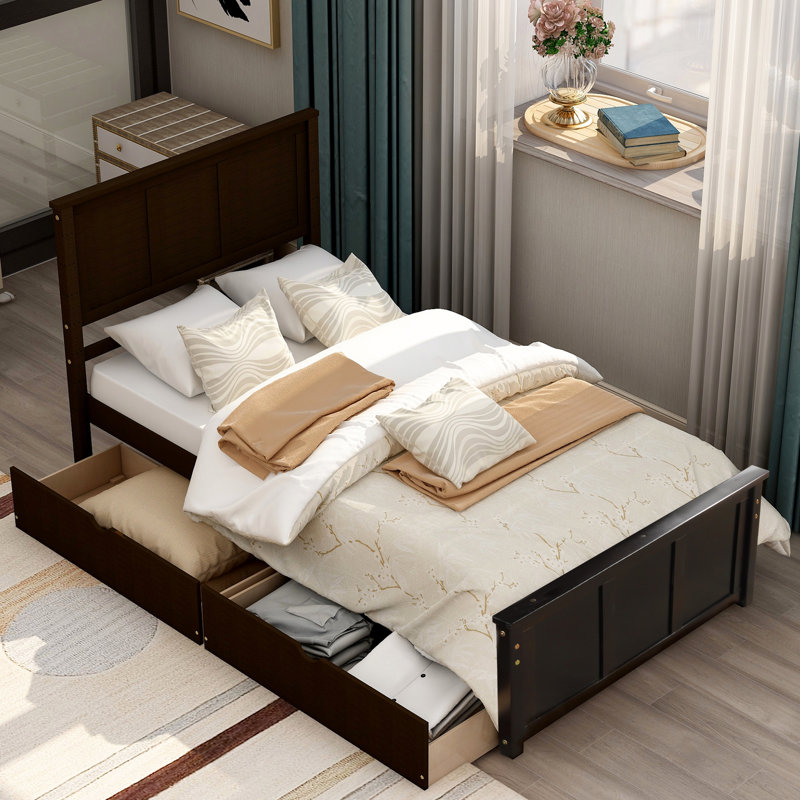 Lit plateforme avec rangement à 2 tiroirs, fabriqué en bois massif et pour une stabilité à long terme, créant une chambre à coucher apaisante
