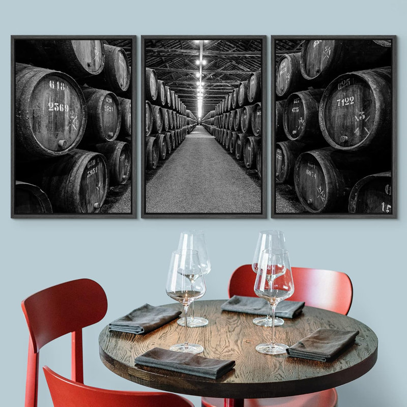 Retro Vintage Black & White Wine Barrels Drinks & Cocktails Food Photography Realism Decor Rustic, 36" H x 72" W