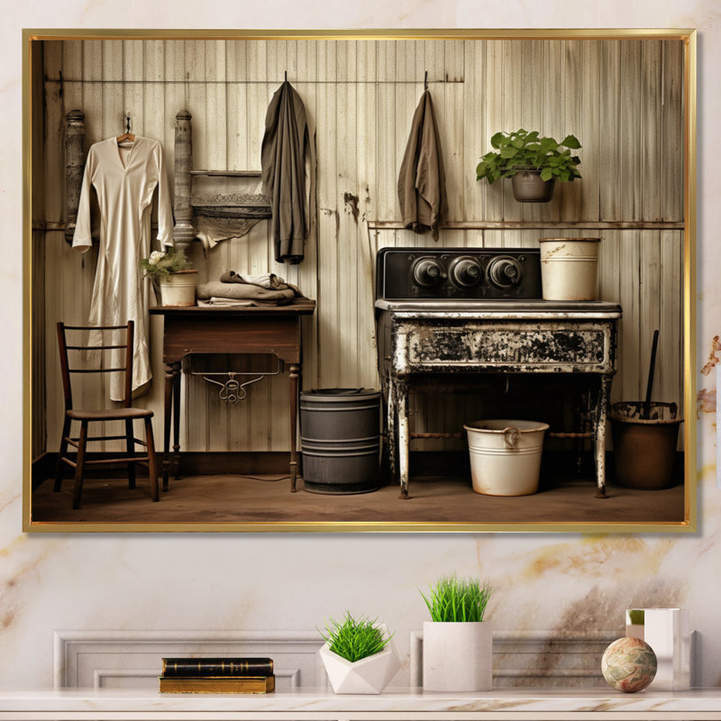 «Farmhouse Laundry Charm III», art mural, Cadre flottant doré, H 30 po x l 40 po x P 1,5 po