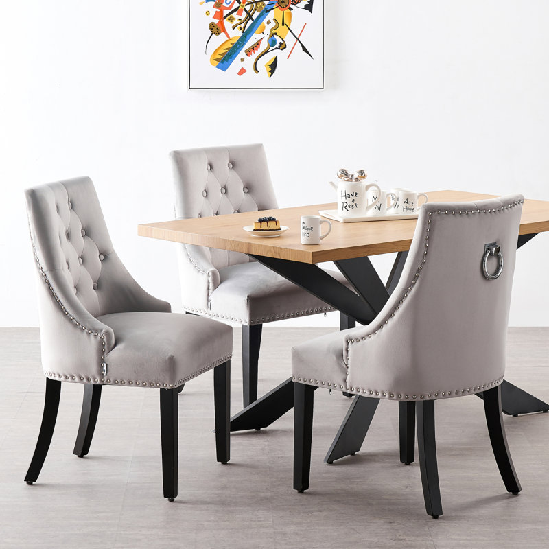 Jacey 6 Person Dining set - a Rectangular Wooden Dining Table with Metal Legs and a Set of 6 Quilted Ring Knocker Velvet Dining Chairs for Dining Room - Modern Dining Table Set