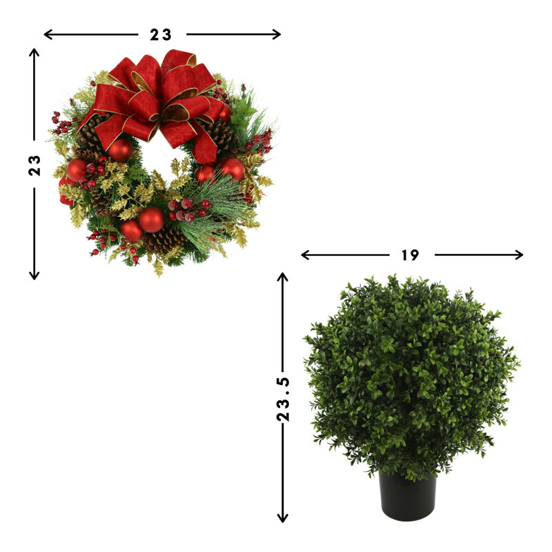 26" Holiday Wreath and UV Rated Boxwood Topiary