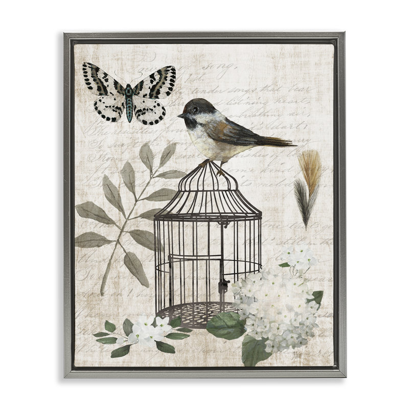 Cadre flottant rétro Menagerie Bird Florals, design par Nan, Cadre flottant gris lustré, H 21 po x l 17 po