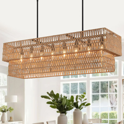 Lustre rectangulaire bohème en rotin à 6 lumières de 85 cm (33,46 po) pour îlot de cuisine ou salle à manger, style ferme, idéal pour un bar, une salle à manger ou un salon.