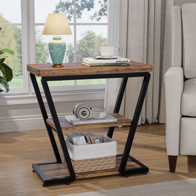 Narrow End Table, 3-tier Sofa Side Table With Storage Shelf, Wood And Metal Nightstand For Living Room Bedroom, Rustic Brown