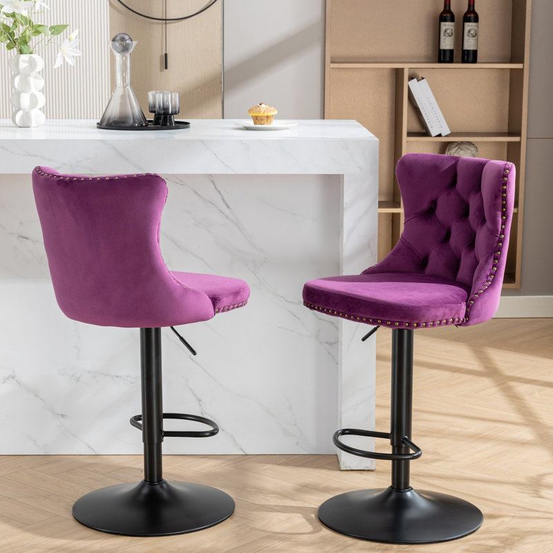 Velours mauve avec siège réglable de 25 à 33 po, base de 17,7 po, détails décoratifs faits à la main, de 2 pour la maison et le pub, dossier confortable,