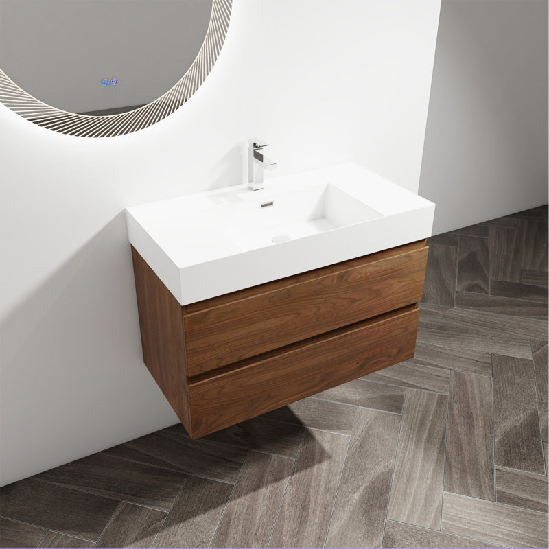 Meuble-lavabo mural élégant Marro avec lavabo en résine et tiroirs à fermeture en douceur, un choix élégant et fonctionnel pour votre salle de bain.