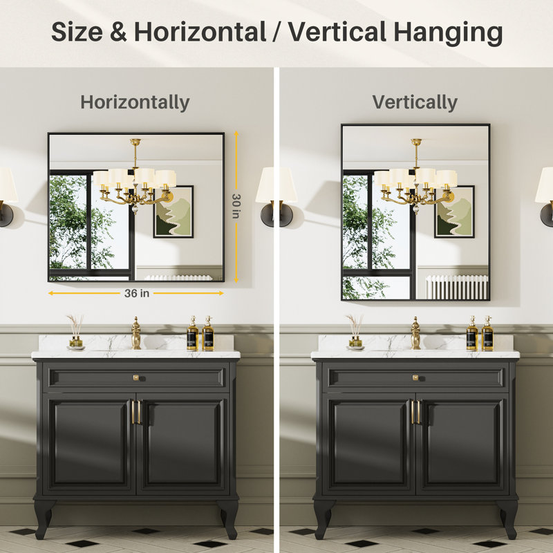 Modern & Contemporary Matte Black Aluminum Alloy Framed Rectangular/Square Bathroom Vanity Mirrors with HD Tempered Glass