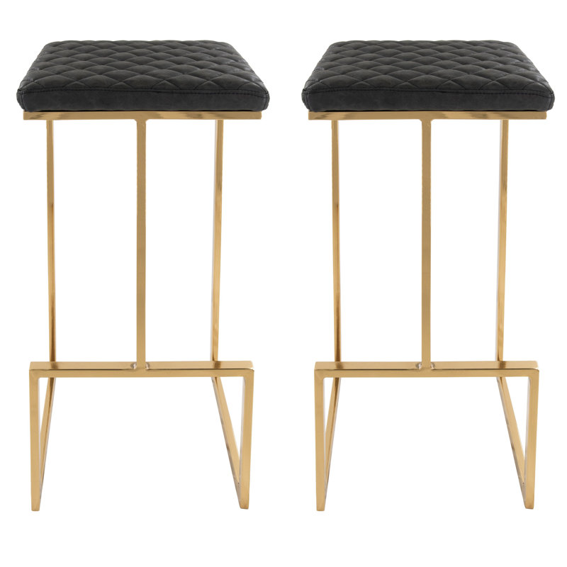 Mengia Leather Bar Stool Upholstered Counter Stool with Quilted Seat and Gold Steel Sled Base Kitchen Stool, Charcoal Black