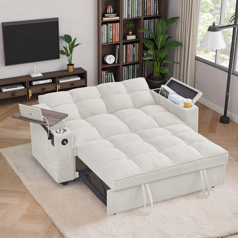 Jubilo Fabric 70'' Chenille Loveseat Sleeper Sofa Bed with Storage Armrest ,USB Port ,Side Table, Beige
