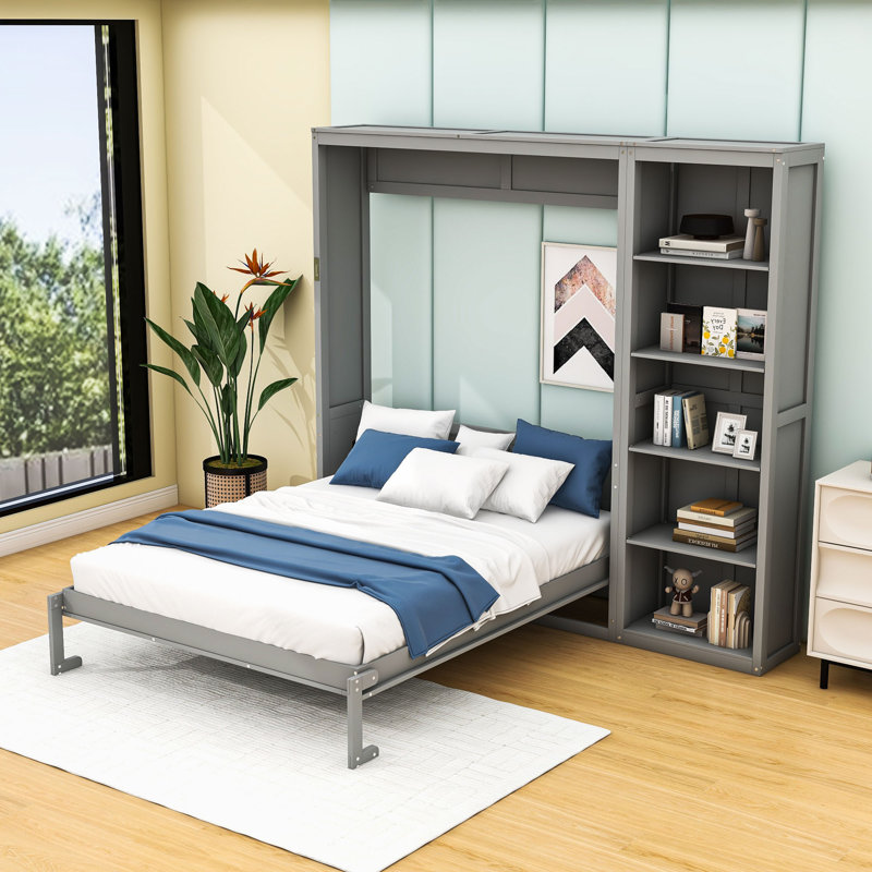 Lit escamotable en bois avec tablettes et lattes Geva, Double, gris