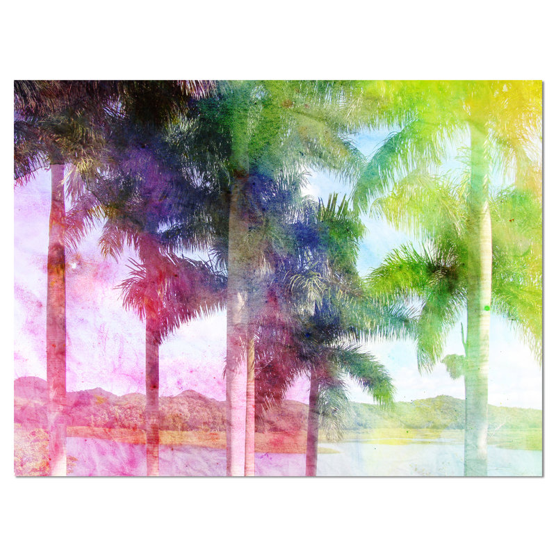 " Green Retro Palm Trees ", 16' H x 32" W x 1" D, Wrapped Canvas