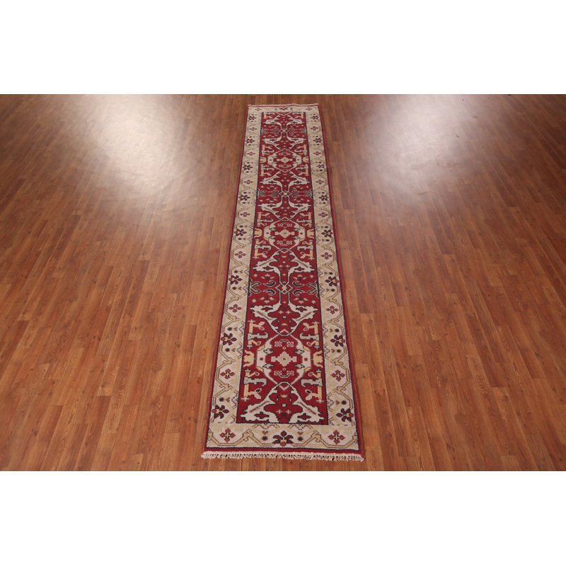Tapis de couloir indien fait à la main en laine rouge Oushak 2 x 12