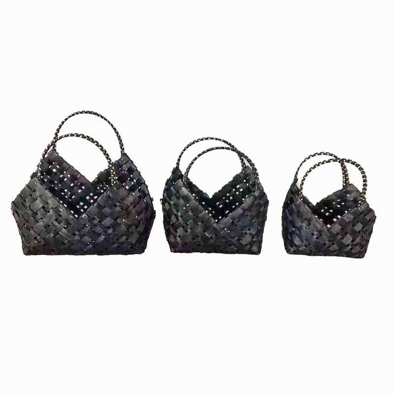 Set of 3 Black Woven Rattan Storage Baskets with Handles
