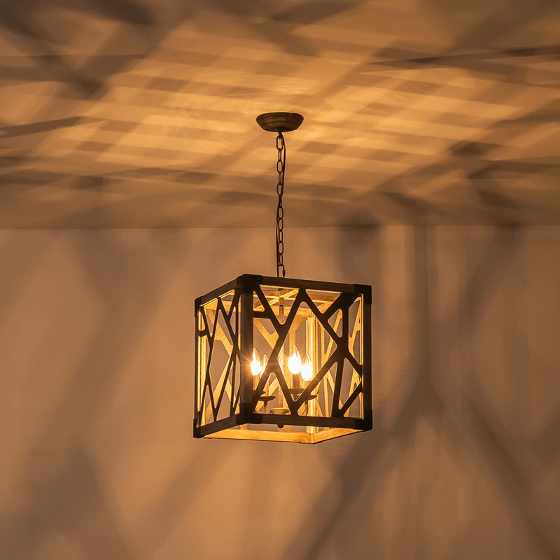 4-light Wood Frame Rectangle Pendant