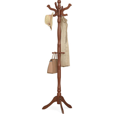 Freestanding Rubber Wood Coat Rack, 11-Hook Coat Tree, Hat & Garment Stand, Walnut Brown