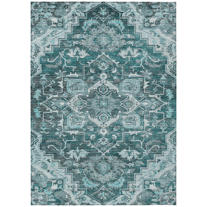 Tapis d'extérieur lavable 8 pi x 10 pi bleu sarcelle et gris anthracite