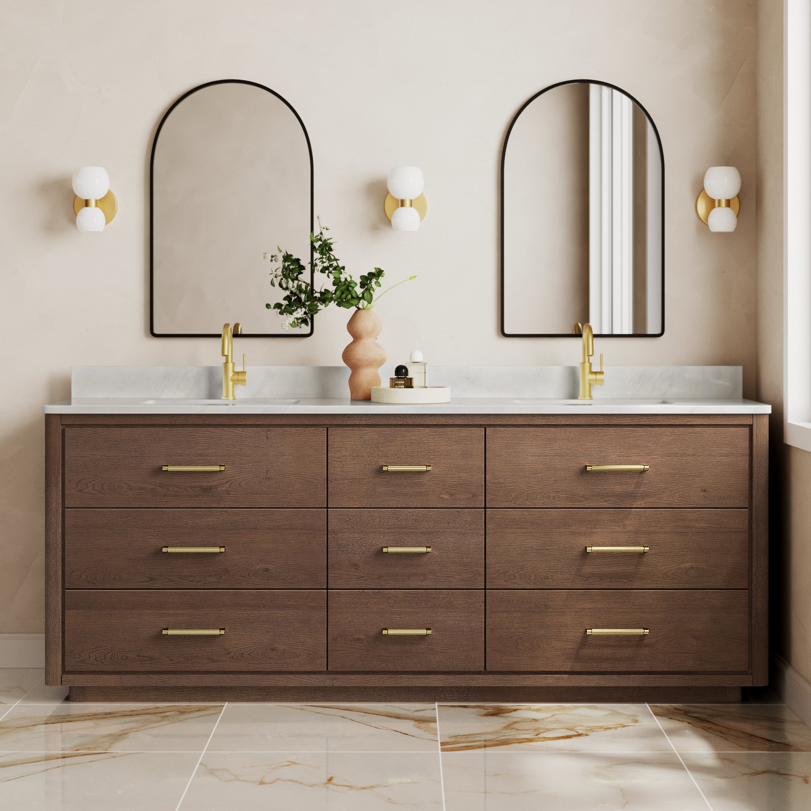 Porto 84'' Double Bathroom Vanity, Dark Brown Oak, Gold