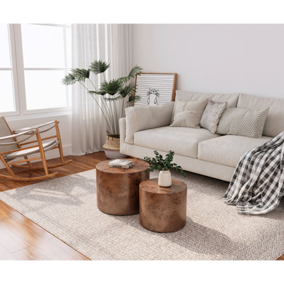 Ensemble de 2 tables basses gigognes, tables basses rondes modernes, tables d'appoint circulaires en bois pour petits espaces, salon, chambre à coucher, balcon, bureau, tambour, table d'appoint, ronce brune