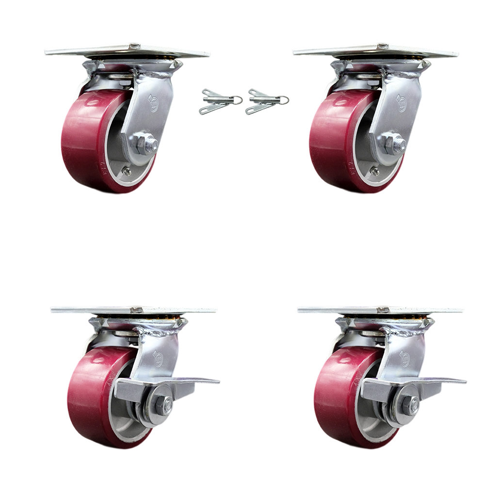 Service Caster 4 inch Poly On Aluminum Swivel Caster Set 2 Swivel Locks 2 Brakes Service Caster