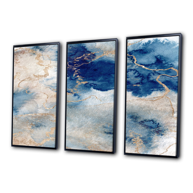 «Blue and Gold Marble Clouds III», reproduction de cadre flottant sur toile 3 pièces, Cadre noir, H 20 po x l 36 po x P 1 po