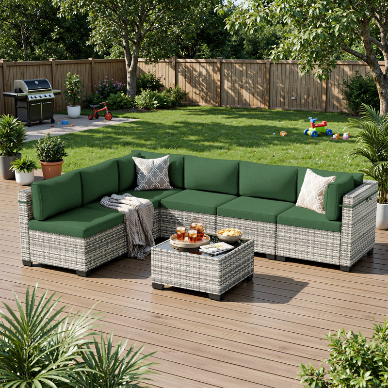 7-Piece Outdoor Sectional Sofa Set With HDPE Wicker, Cushions & Coffee Table, Modular Patio Conversation Set, Forest Green