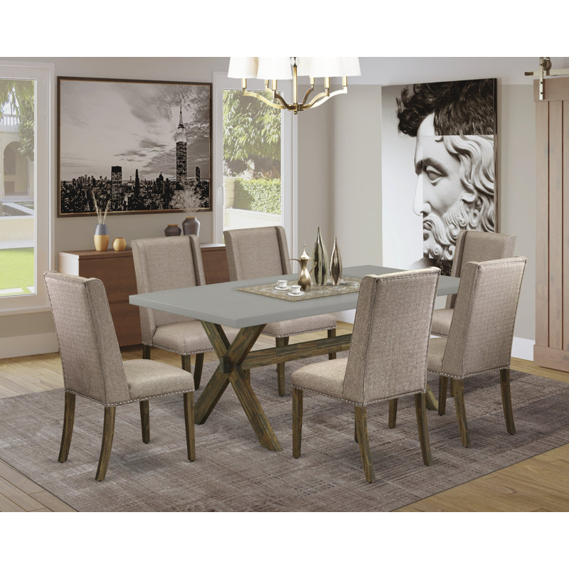 Ensemble de table de salle à manger 7 pièces composé d'une table de cuisine rectangulaire avec pieds en X et 6 chaises rembourrées en tissu kaki foncé, jacobin vieilli
