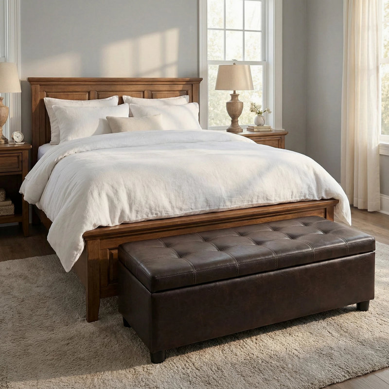 Repose-pieds avec rangement, banc de rangement, banc de chambre d'entrée touffeté, 49,75 pouces, charnières à couvercle facile à utiliser, pieds en bois, cuir synthétique, capacité de charge de 300 lb, brun