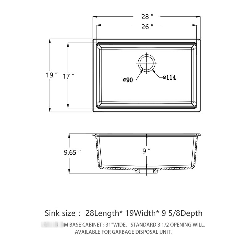 Matériau haut de gamme pour évier de cuisine encastrable en quartz noir de 19 po de largeur et profondeur de 28 pouces, avec surface non poreuse, réduisant l'accumulation de saleté, avec support à roulettes noir, quartz, évier, 28 po x 19 po
