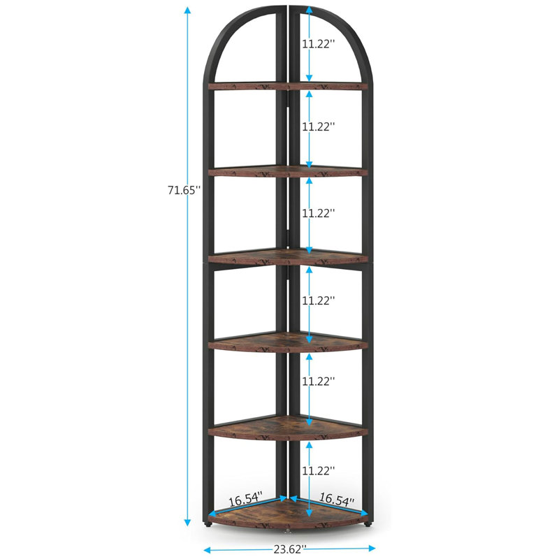Étagère de coin 71,65 po de hauteur à 6 niveaux brun rustique, bibliothèque d'angle pour petit espace, support pour plante, salon, bureau